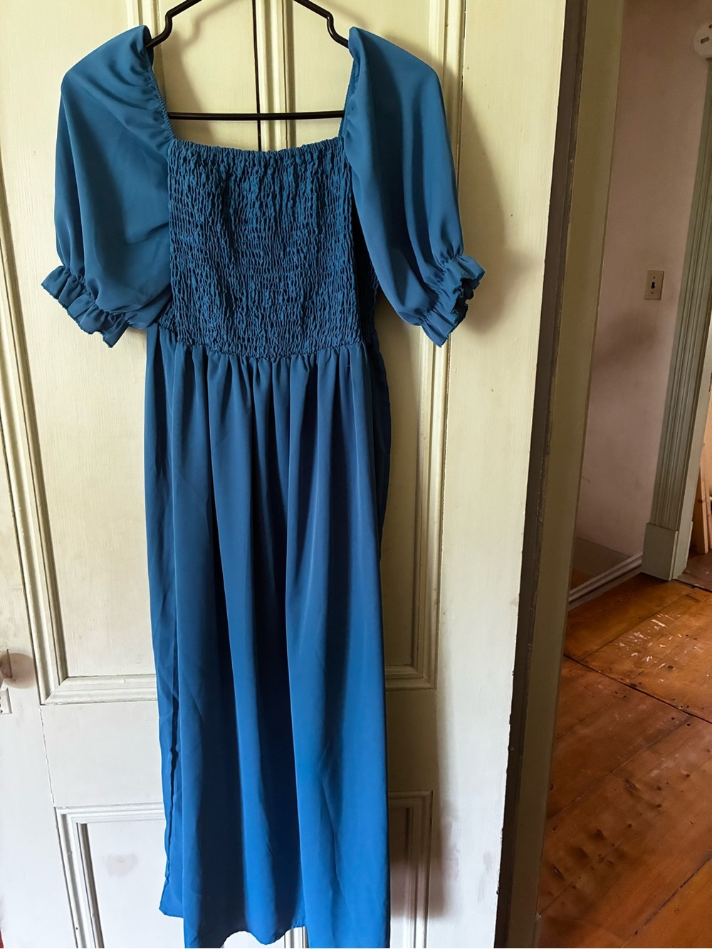 SHEIN Teal Blue Smocked Puff Sleeve Midi Dress
